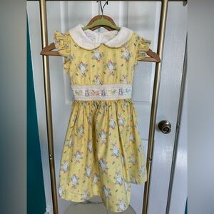 Smocked Yellow Bunny Print Easter Dress with Gloves and NWT Tights, Girls Size 5